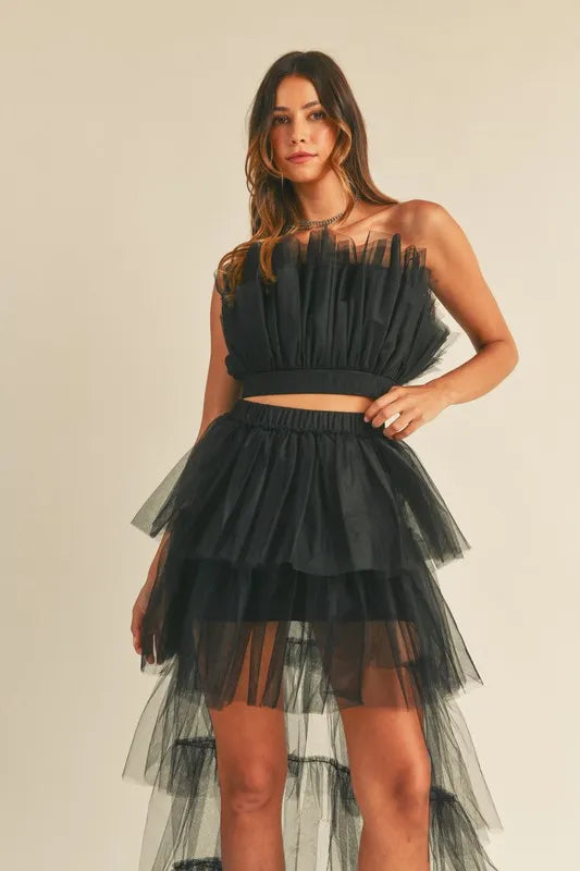 MABLE Tulle Tube Ruffle Crop Top and High Low Maxi Skirt Set - Brittney MADE
