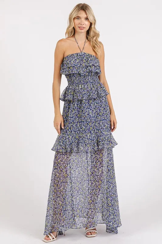 Mittoshop Ruffled Smocked Floral Halter Neck Maxi Dress - Brittney MADE