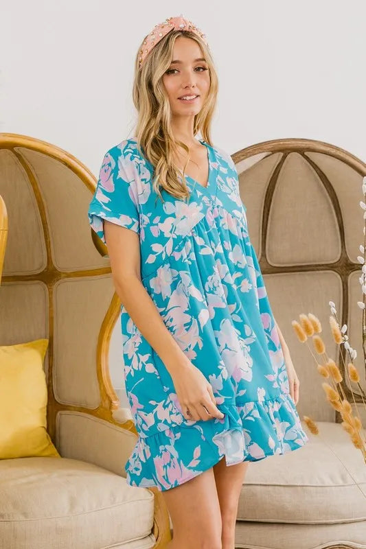 BiBi Floral Crinkle Shirred Ruffle Detail V Neck Dress - Brittney MADE