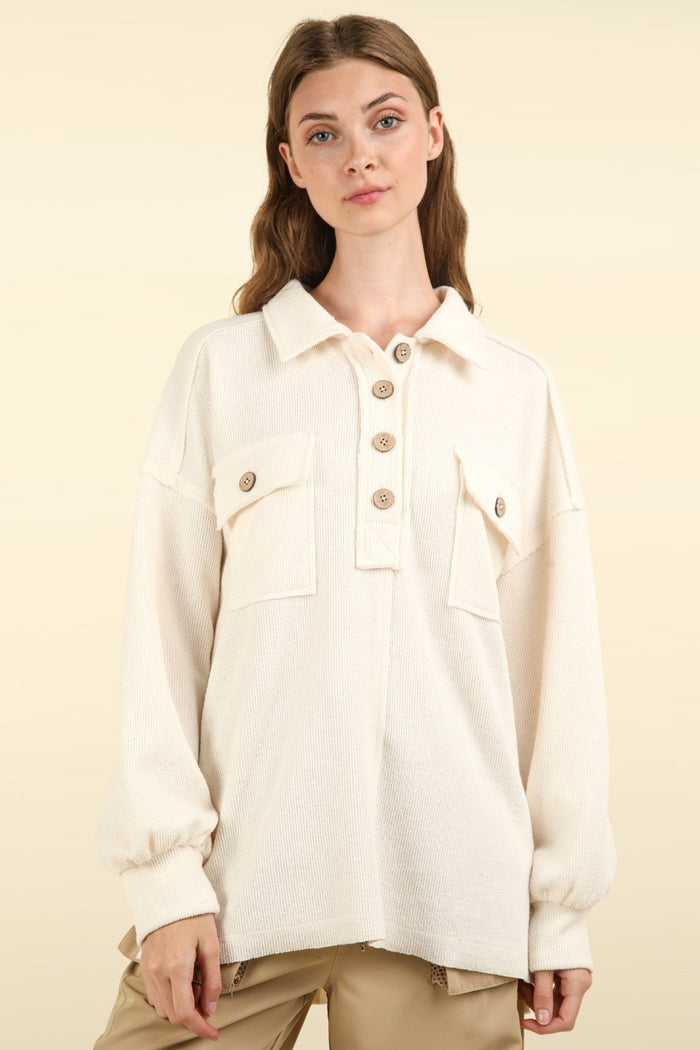 VERY J Collared Half Button Knit Top with Pockets - Brittney MADE