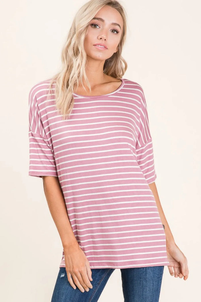 BOMBOM Striped Round Neck Half Sleeve T-Shirt - Brittney MADE