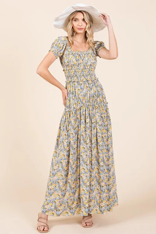 Mittoshop Flower Print Puff Sleeve Gathered Maxi Dress - Brittney MADE