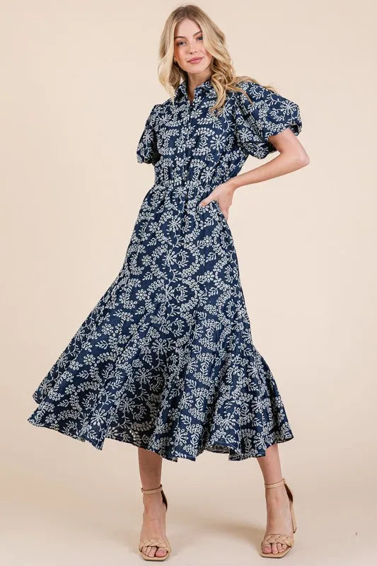 GeeGee Natural Leaf Pattern Eyelet Lace Puff Sleeve Dress - Brittney MADE