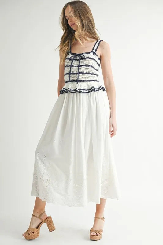 MABLE Crochet Stripe Knit Eyelet Mix Midi Dress - Brittney MADE