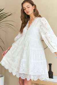 ADORA Lace Detail Tiered Eyelet V-Neck Babydoll Dress - Brittney MADE