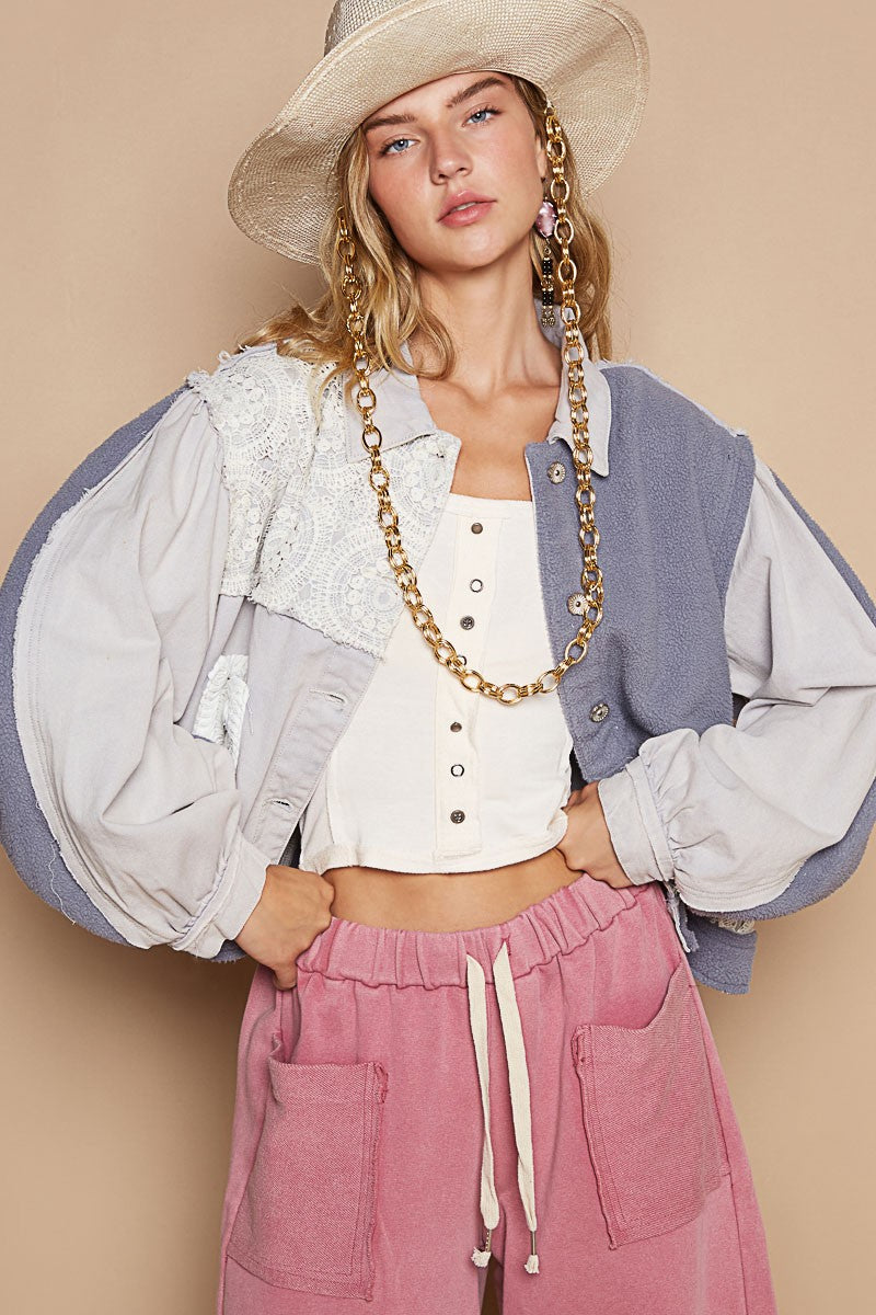 POL Crochet Patch Exposed Seam Button Up Jacket - Brittney MADE