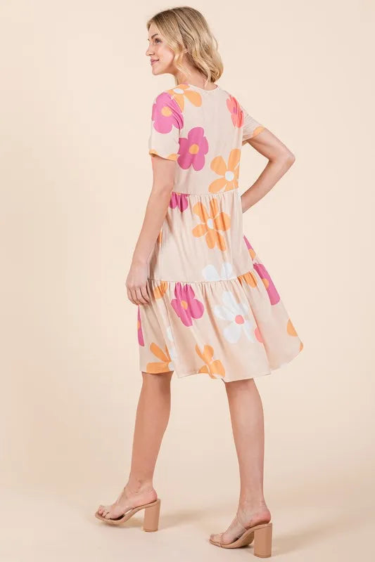 BOMBOM Floral Round Neck Short Sleeve Tiered Dress - Brittney MADE
