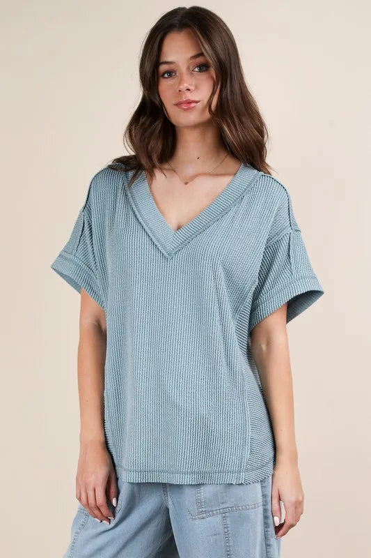 VERY J Full Size Soft Two Tone Casual Comfy Ribbed Knit Top Plus Size - Brittney MADE