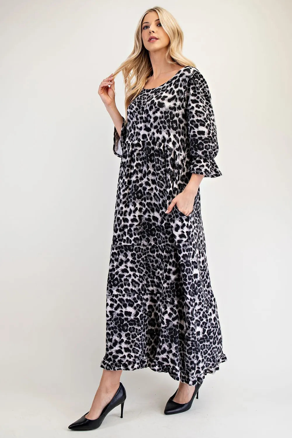 Celeste Full Size Leopard Round Neck Flounce Sleeve Dress - Brittney MADE