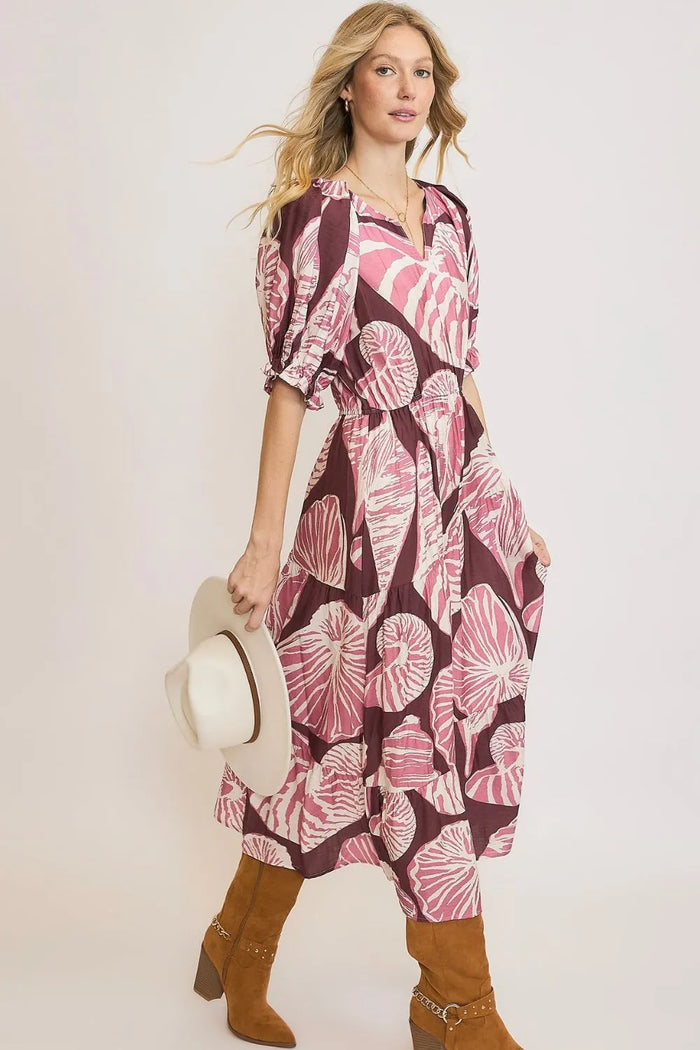 Umgee Full Size Printed Notched Puff Sleeve Midi Dress Plus Size - Brittney MADE