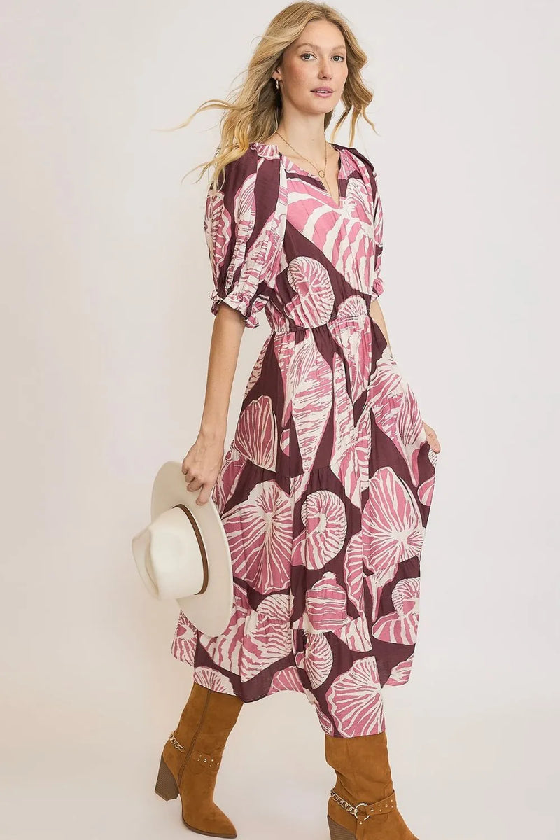 Umgee Full Size Printed Notched Puff Sleeve Midi Dress Plus Size - Brittney MADE