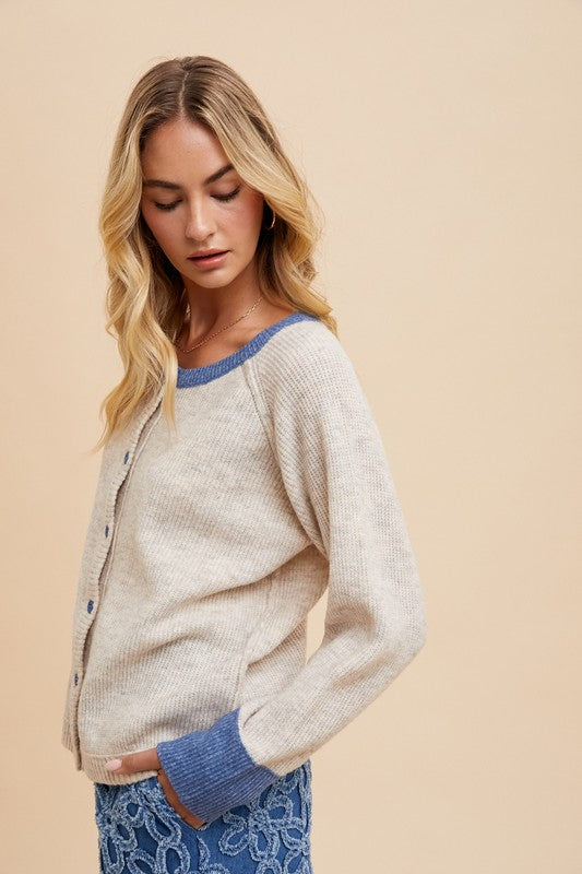 Annie Wear Contrast Trim Button Down Raglan Sleeve Cardigan - Brittney MADE