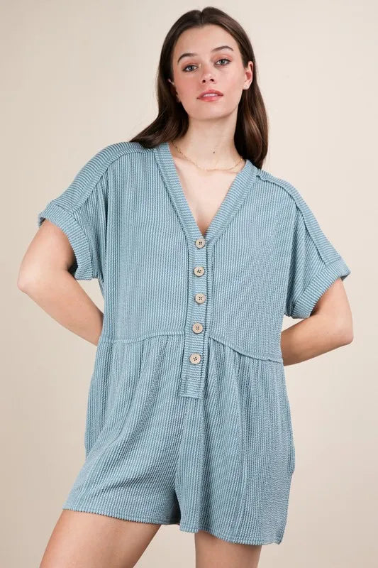 VERY J Two Tone Ribbed Knit Comfy Casual Romper - Brittney MADE