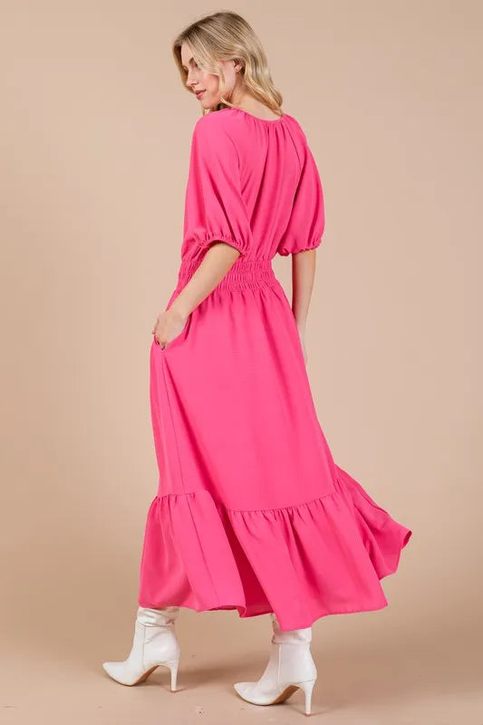 Ces Femme Smocked Elastic Waist Tie Neck Puff Sleeve Dress - Brittney MADE