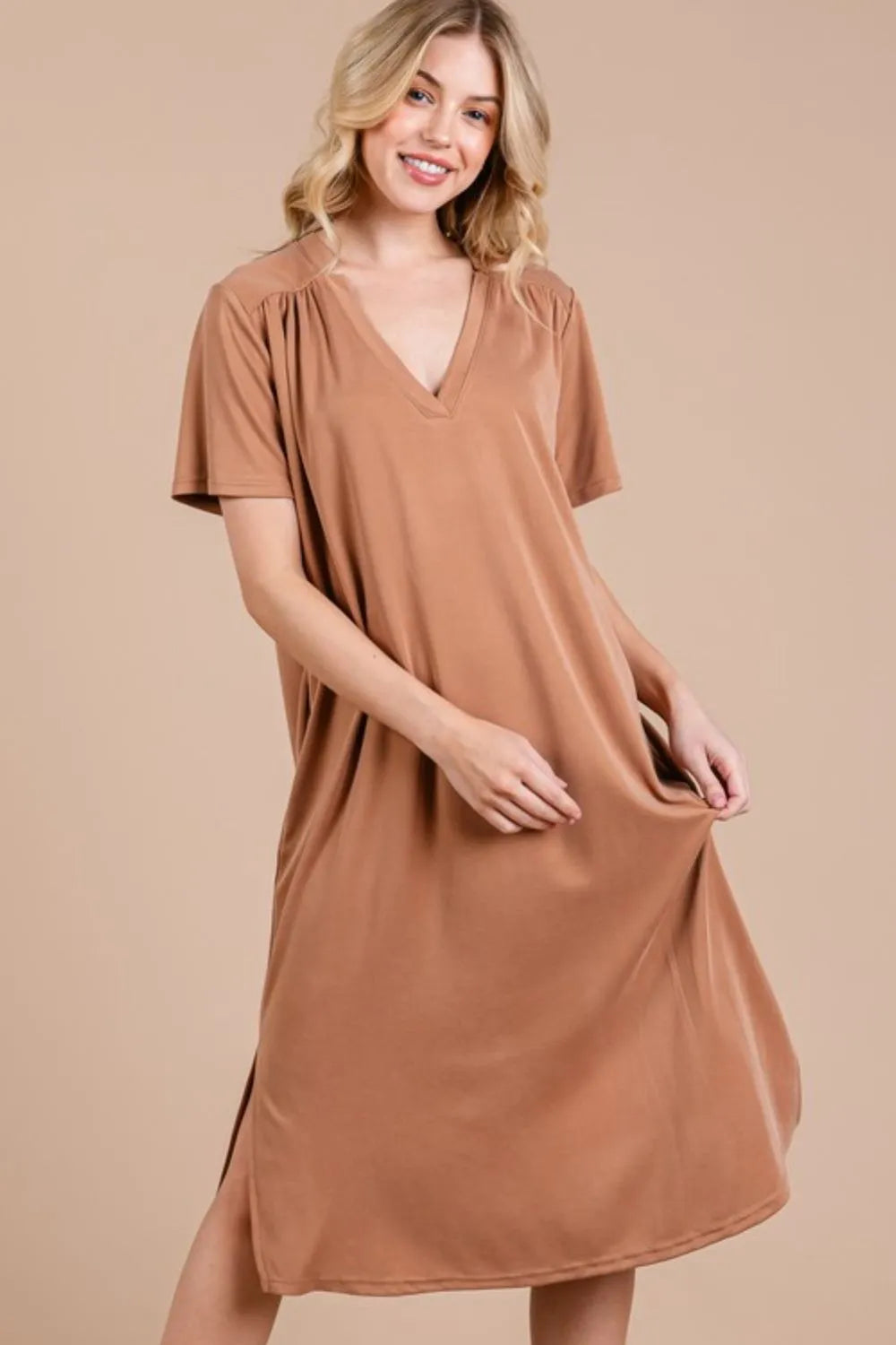 Ces Femme Side Slit Short Sleeve Midi Dress with Pockets - Brittney MADE