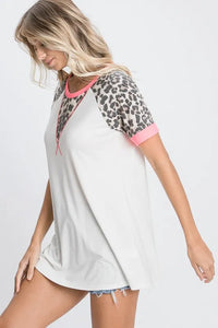 HeimishFull Size Leopard Round Neck Short Sleeve T-Shirt with Stitch Plus Size - Brittney MADE