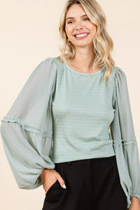 Mittoshop Mixed Media Textured Knit Chiffon Long Sleeve Top - Brittney MADE