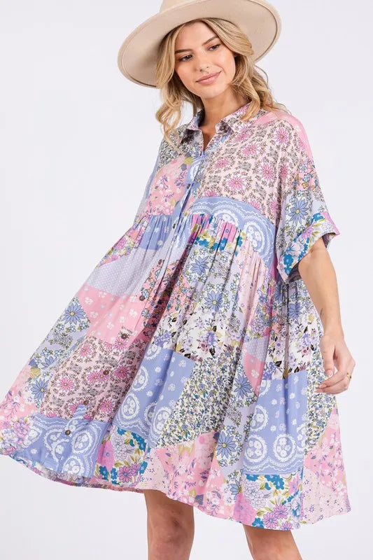 SAGE + FIG Floral Collared Neck Half Sleeve Mini Shirt Dress - Brittney MADE