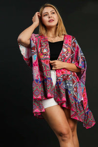 Umgee Full Size Mixed Print Ruffle Hem Open Front Cover Up Plus Size - Brittney MADE