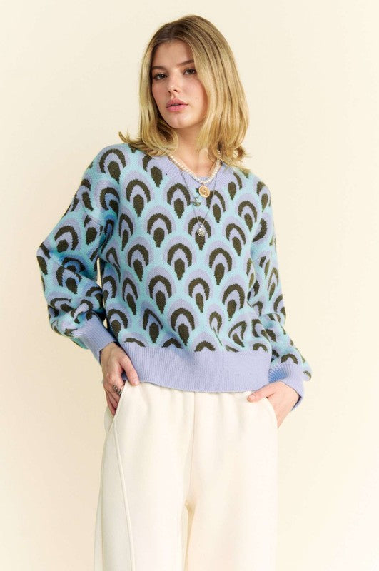 Davi & Dani Scale Jacquard Round Neck Drop Shoulder Sweater - Brittney MADE