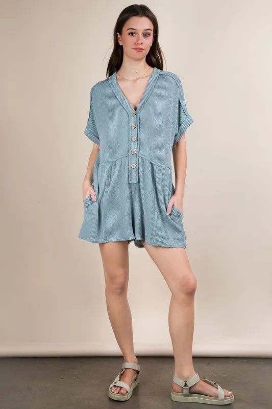 VERY J Two Tone Ribbed Knit Comfy Casual Romper - Brittney MADE