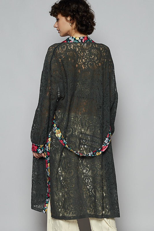 POL Floral Trim Lace Open Front Longline Cardigan - Brittney MADE