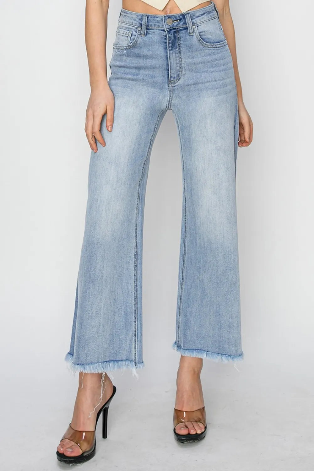 RISEN High Rise Crop Wide Fray Hem Jeans - Brittney MADE