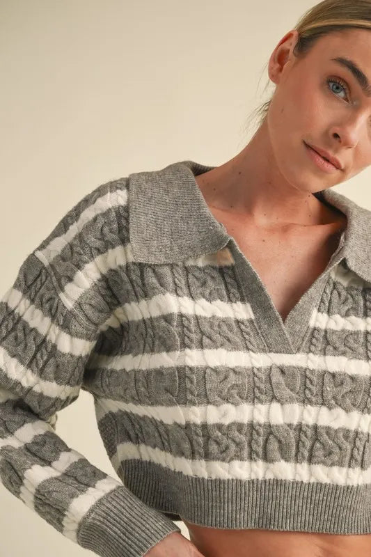 MABLE Pale Collared Striped Cropped Cable Knit Sweater - Brittney MADE