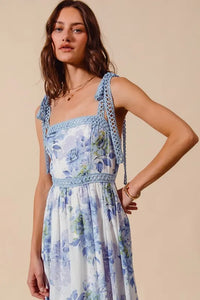 SO ME Floral Print Flowy Maxi Dress with Lace Ribbon Tie - Brittney MADE