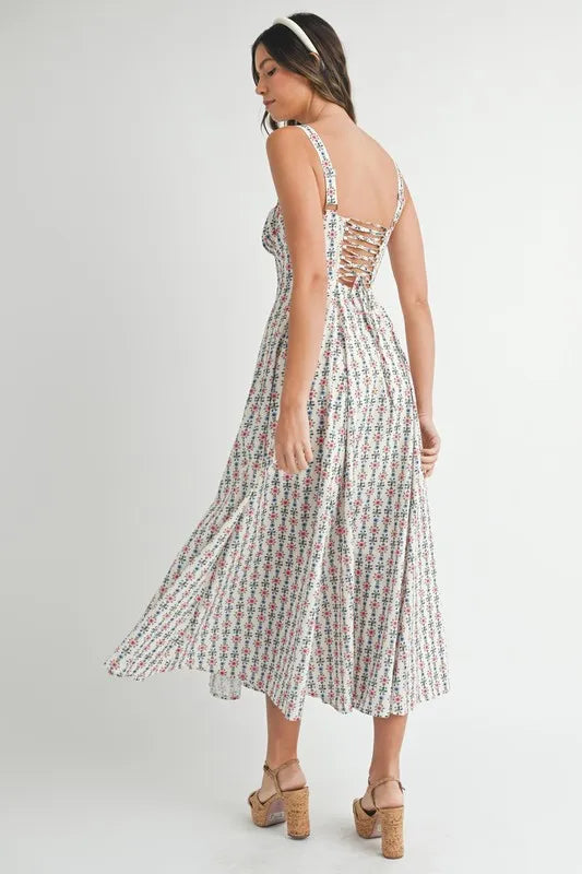 MABLE Floral Print Bustier Back Lace Up Midi Dress - Brittney MADE