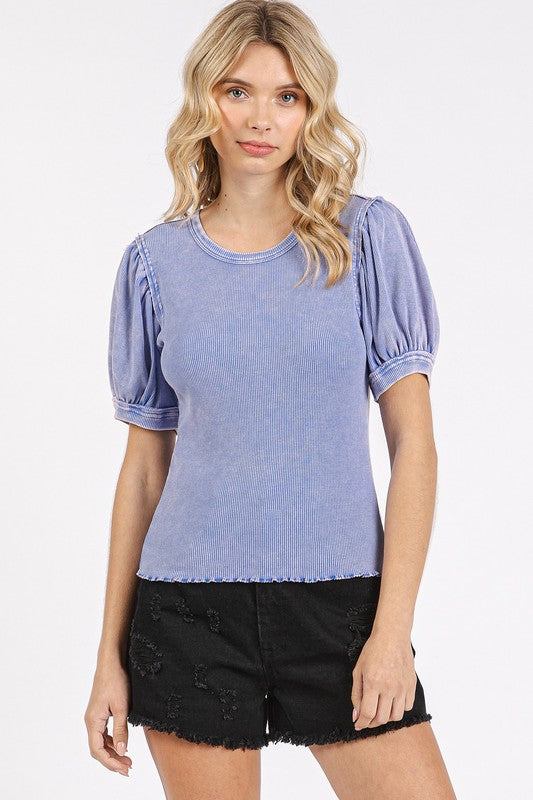 Mittoshop Mineral Wash Puff Sleeve Rib Knit Top - Brittney MADE
