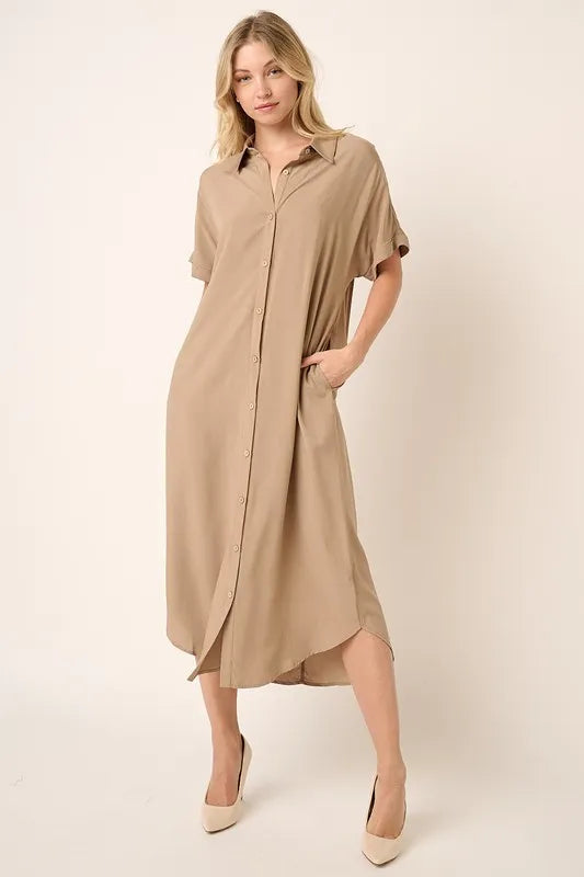 Mittoshop Collared Neck Dolman Short Sleeve Midi Shirt Dress - Brittney MADE