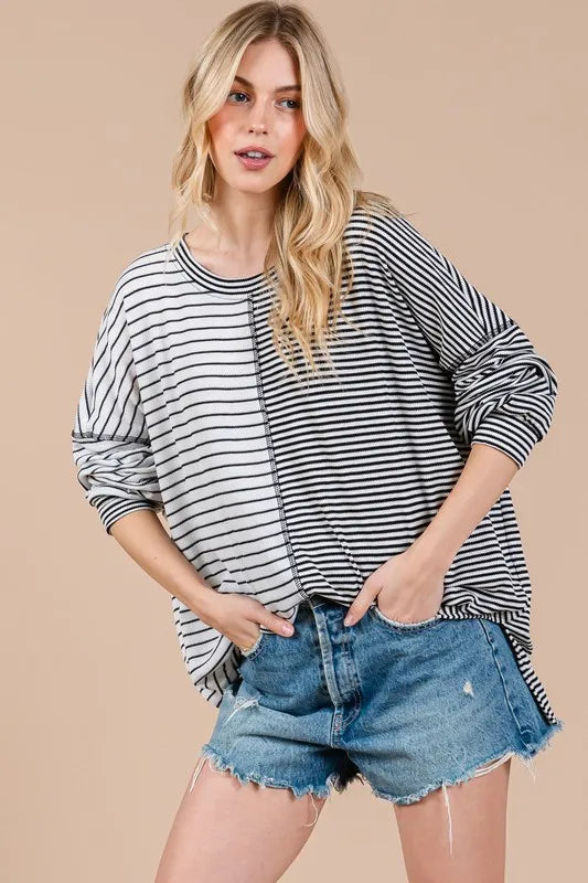 Ces Femme Striped Round Neck Long Sleeve Knit Top - Brittney MADE