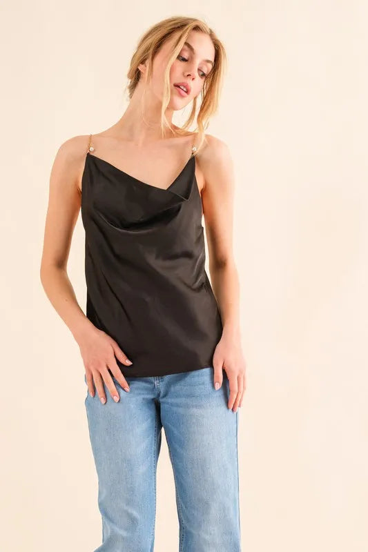 And The Why Faux Pearl Gold Chain Satin Casual Cami Top - Brittney MADE