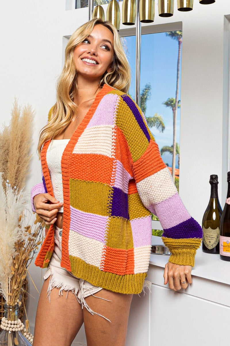 BiBi Checkered Color Block Sweater Cardigan - Brittney MADE