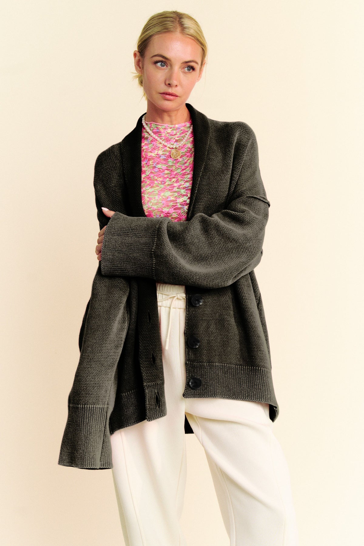 Davi & Dani Shawl Collar Ribbed Detail Button Up Cardigan - Brittney MADE