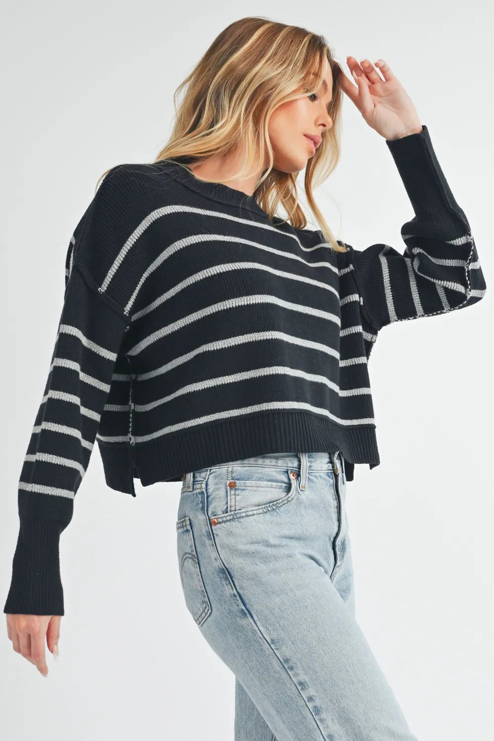 Aemi + Co Side Slit Striped Round Neck Knit Top - Brittney MADE