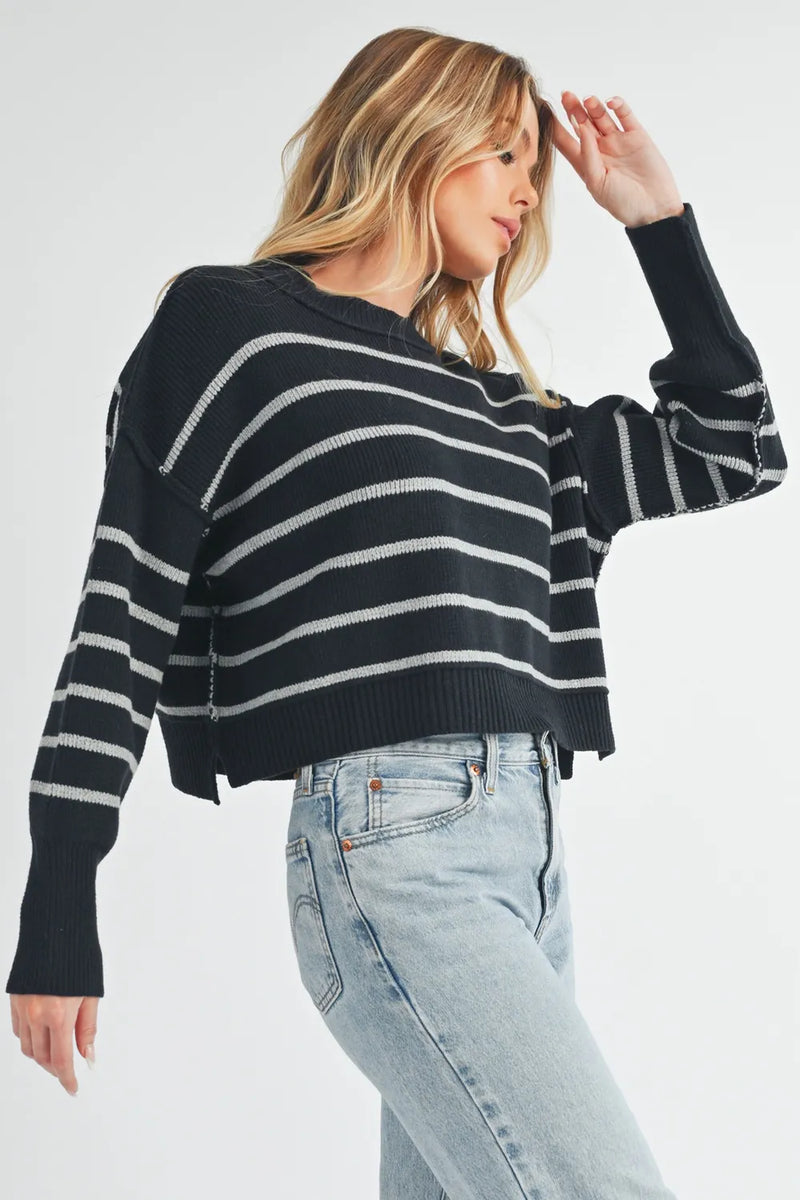 Aemi + Co Side Slit Striped Round Neck Knit Top - Brittney MADE