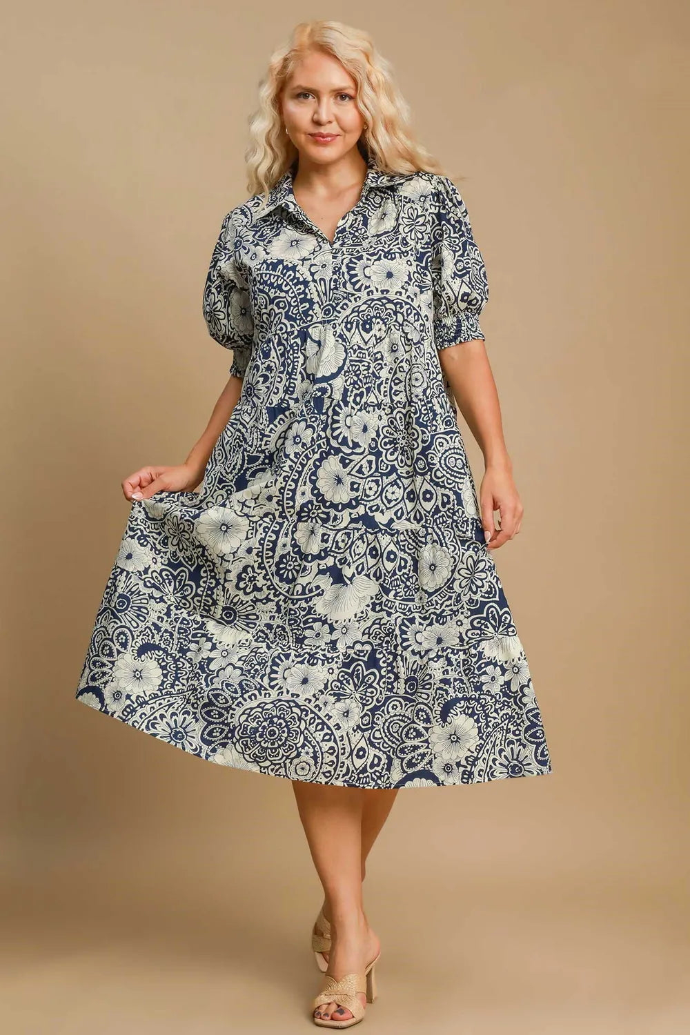 Umgee Full Size Printed Smocked Cuff Puff Sleeve Midi Dress Plus Size - Brittney MADE