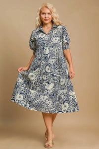 Umgee Full Size Printed Smocked Cuff Puff Sleeve Midi Dress Plus Size - Brittney MADE