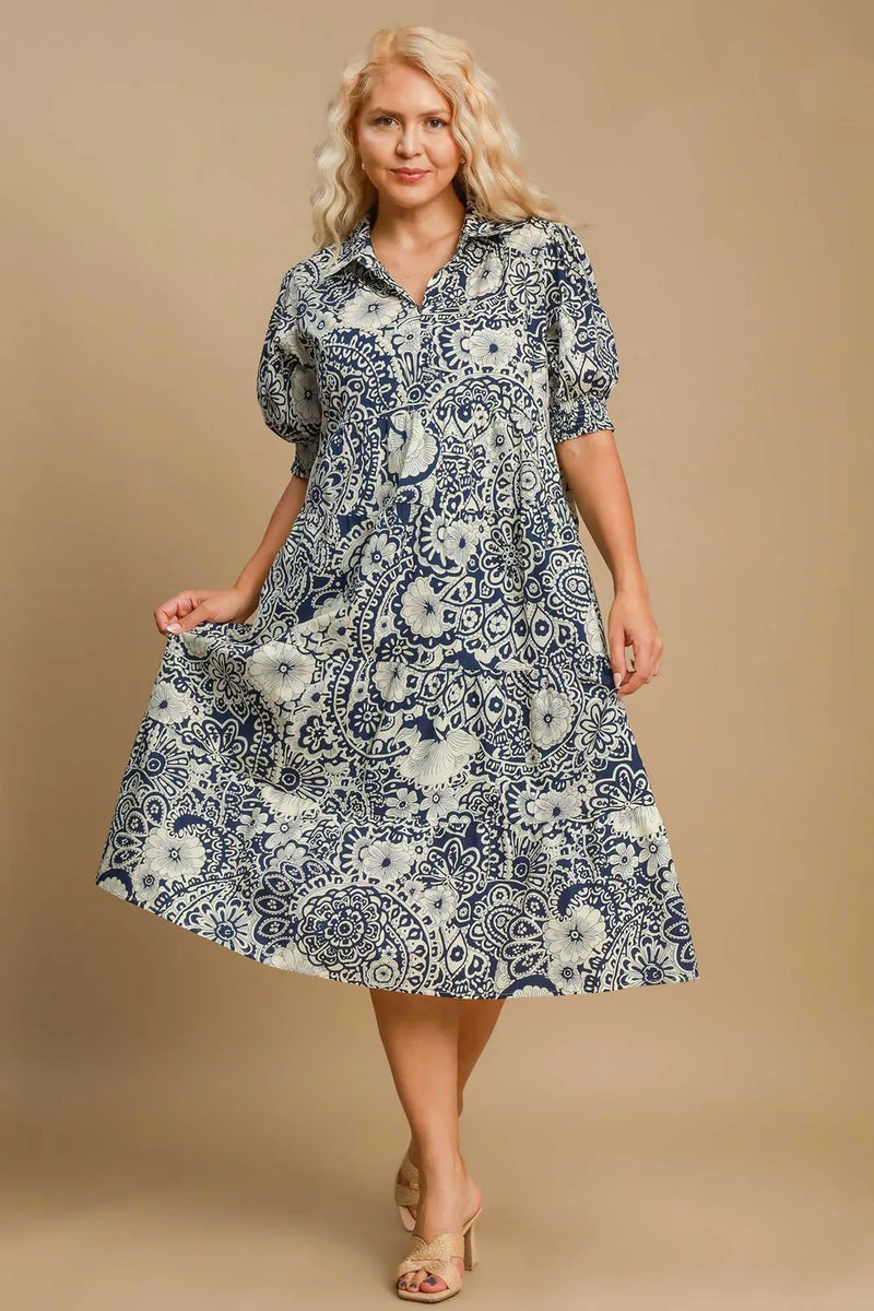 Umgee Full Size Printed Smocked Cuff Puff Sleeve Midi Dress Plus Size - Brittney MADE