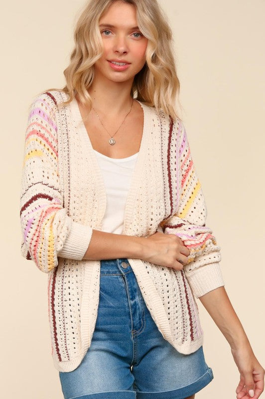 Haptics Full Size Striped Crochet Open Front Cardigan - Brittney MADE