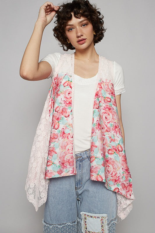 POL Lace Patchwork Floral Open Front Sleeveless Cardigan - Brittney MADE