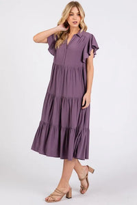 Mittoshop Ruffle Sleeve Collared V Neck Tiered Midi Dress - Brittney MADE