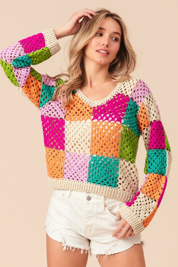 BiBi Multi Color Checkered Long Sleeve Knit Top - Brittney MADE
