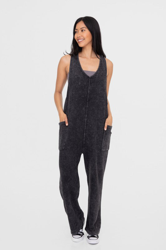Mono B Mineral-Washed V Neck Overalls with Pockets - Brittney MADE