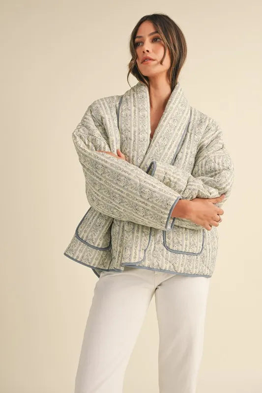 MABLE Floral Printed Quilted Open Front Jacket - Brittney MADE