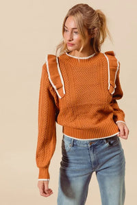 SO ME Ruffled Round Neck Cable Knit Top - Brittney MADE