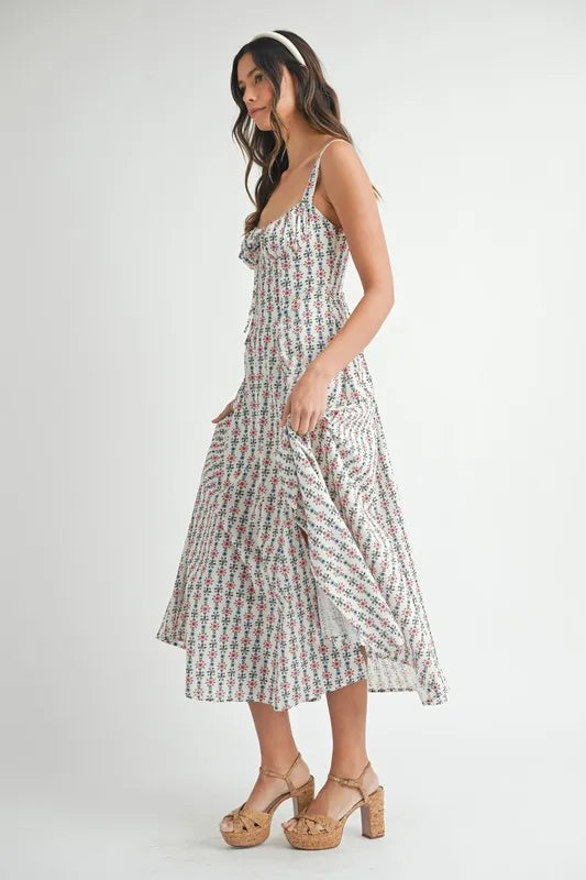 MABLE Floral Print Bustier Back Lace Up Midi Dress - Brittney MADE