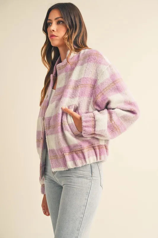 MABLE Plaid Print Fuzzy Bomber Jacket - Brittney MADE